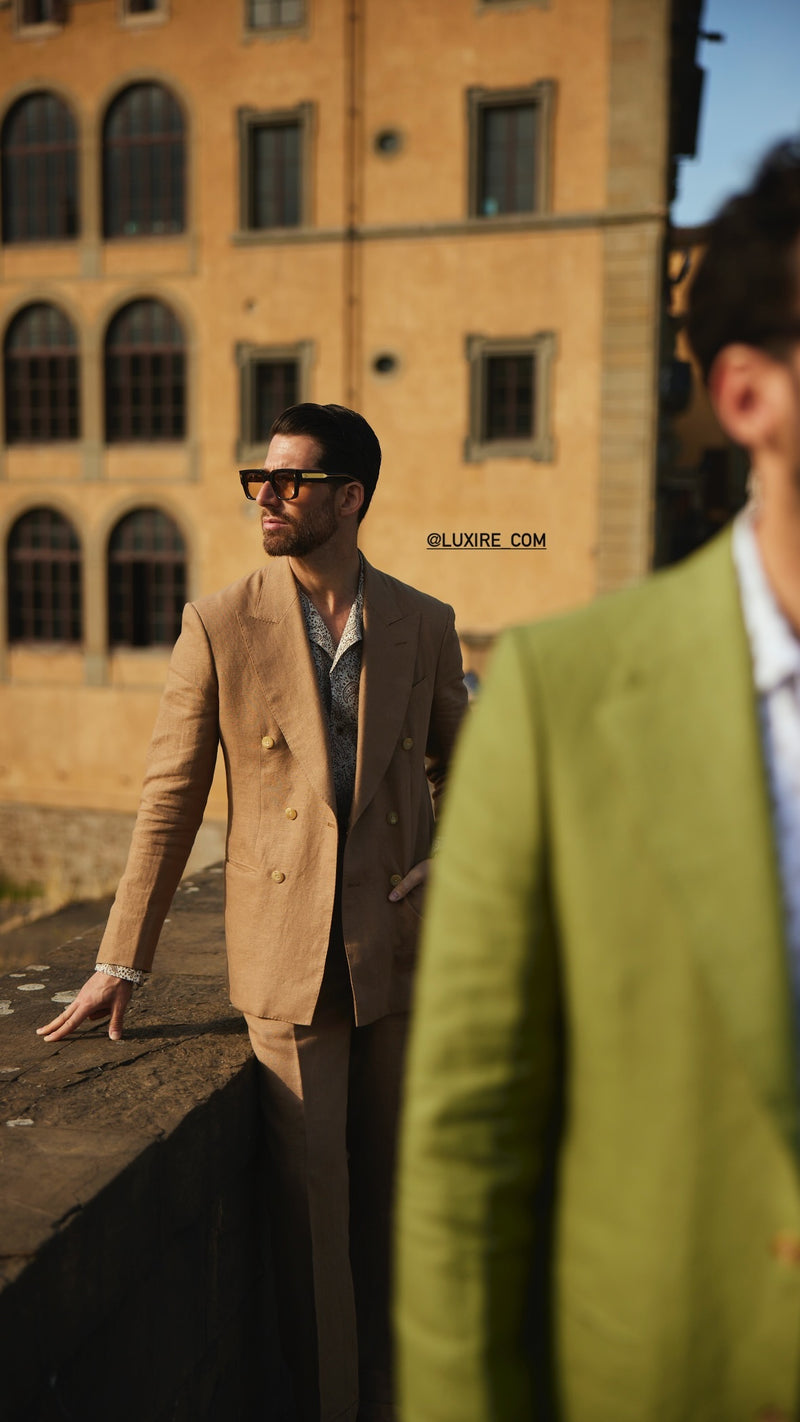 Pleated Linen Fresco Golden Brown Dress Pant