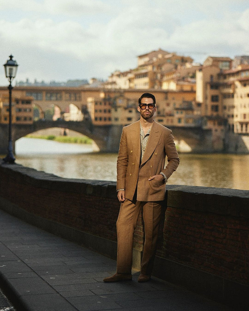 Linen Fresco Golden Brown Double Breasted Jacket