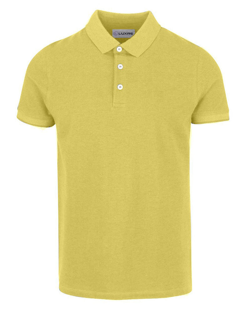 Front of the custom oxford polo shirt for men by Luxire in mid yellow