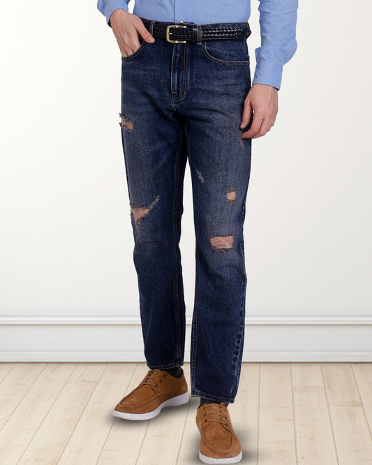 Faded Medium Indigo Washed Distressed Jeans