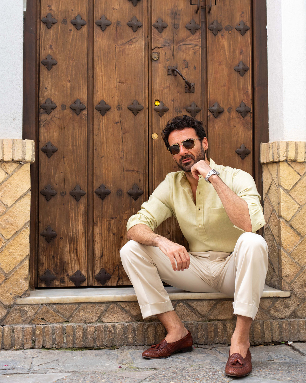 Light Olive Green Slub Linen Summer Shirt - 14