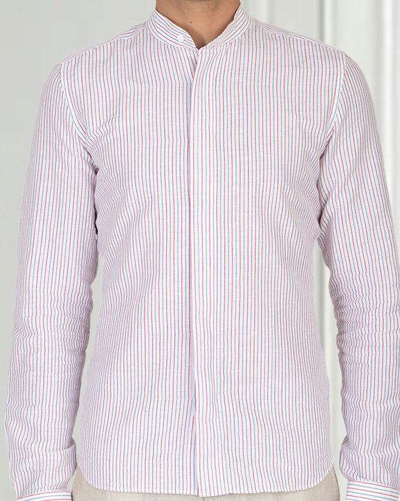 Cotton Linen: Red Blue Alternate stripes On White Shirt