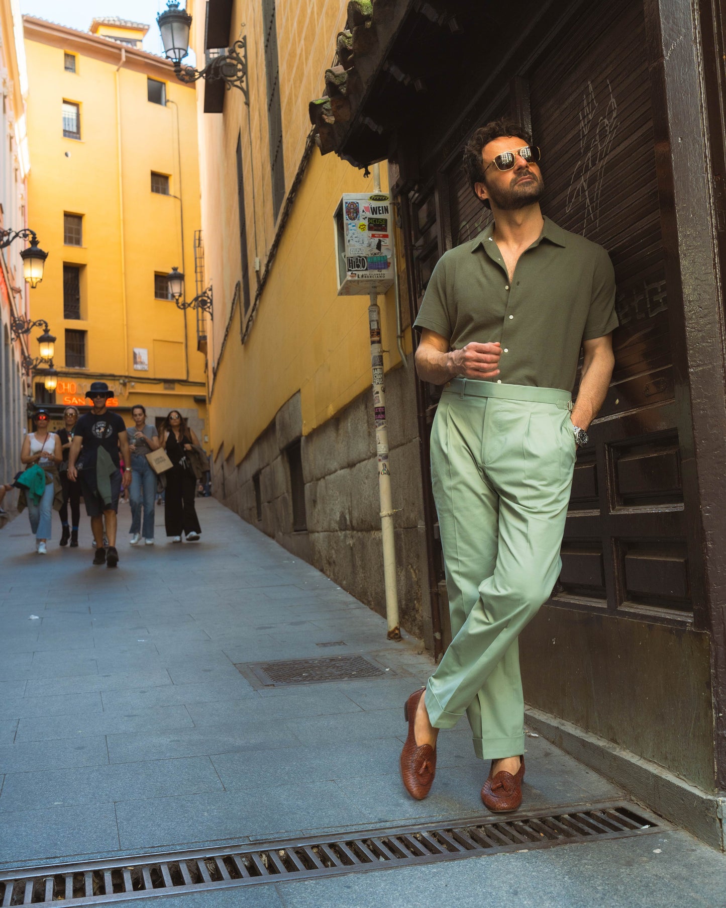 Pleated Pistachio Green Cotton Twill Pant