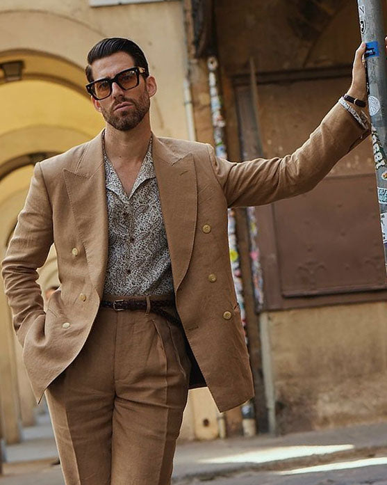 Camp Collar Shirt in Linen Brown Printed Paisely