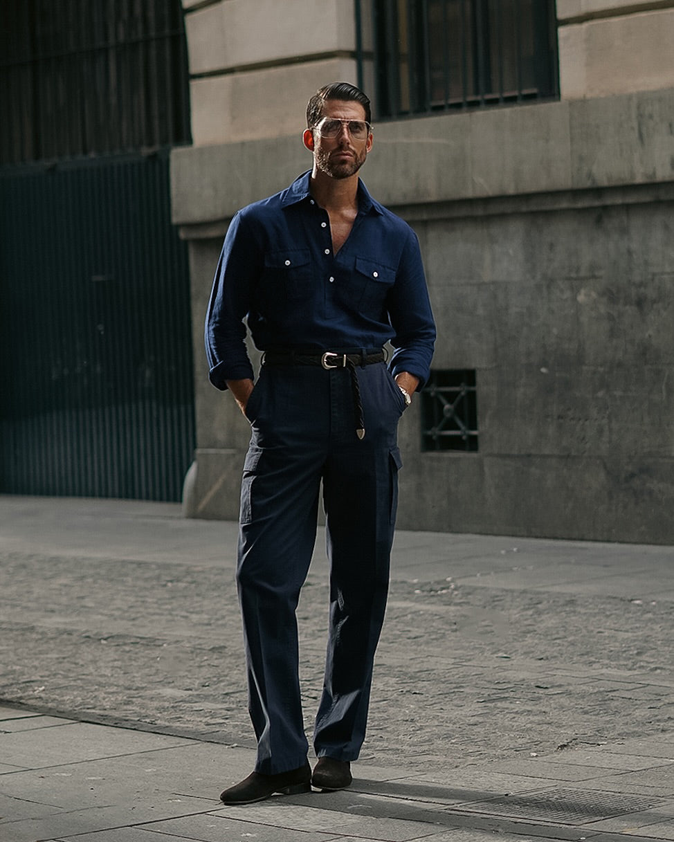Navy Blue Linen Summer Shirt - 11