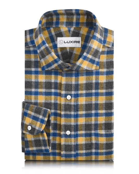 Flannel: Yellow Blue Grey Herringbone Checks Shirt