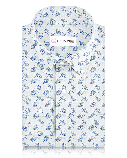 Linen: Pale Blue Printed shrubs On White