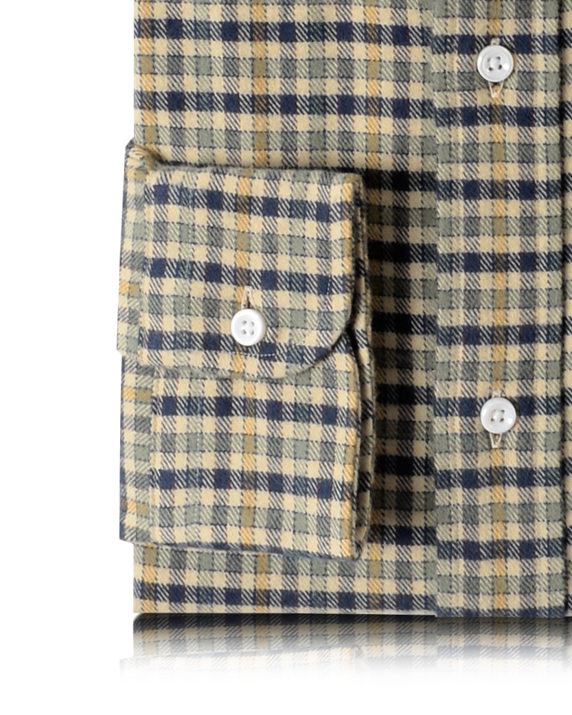 Navy Green Tattersall On Beige Flannel Shirt