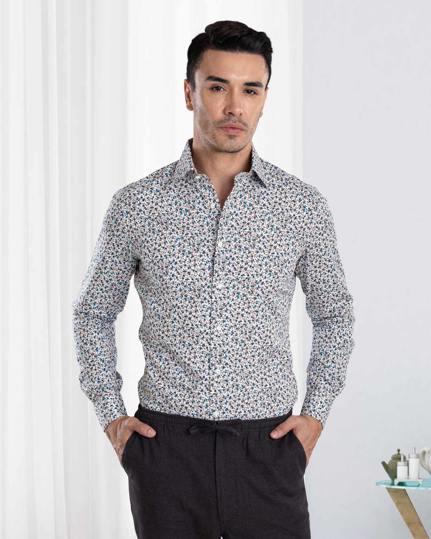 Blue Fine Floral Prints on White Shirt