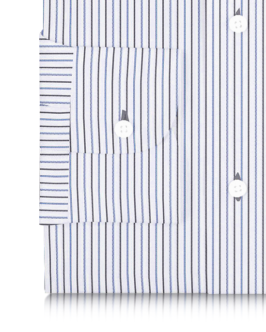 Cotton Linen: Black Blue Alternate stripes On White