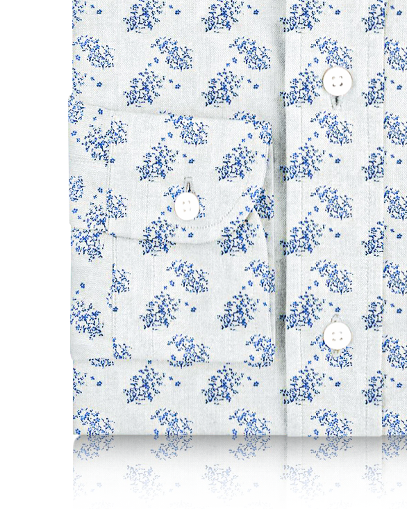 Linen: Pale Blue Printed shrubs On White