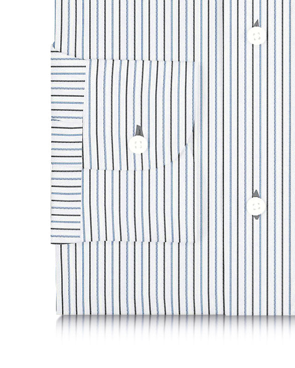 Cotton Linen: Black Blue Alternate stripes On White - 3