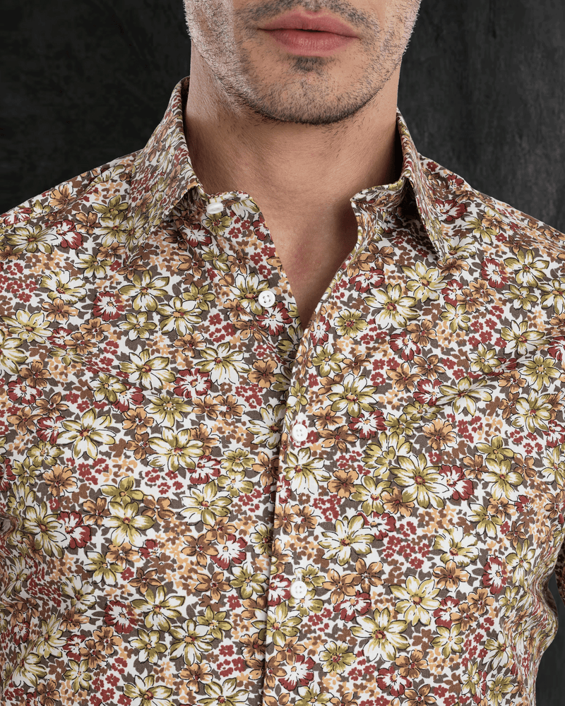 Olive Green Maroon prints on White