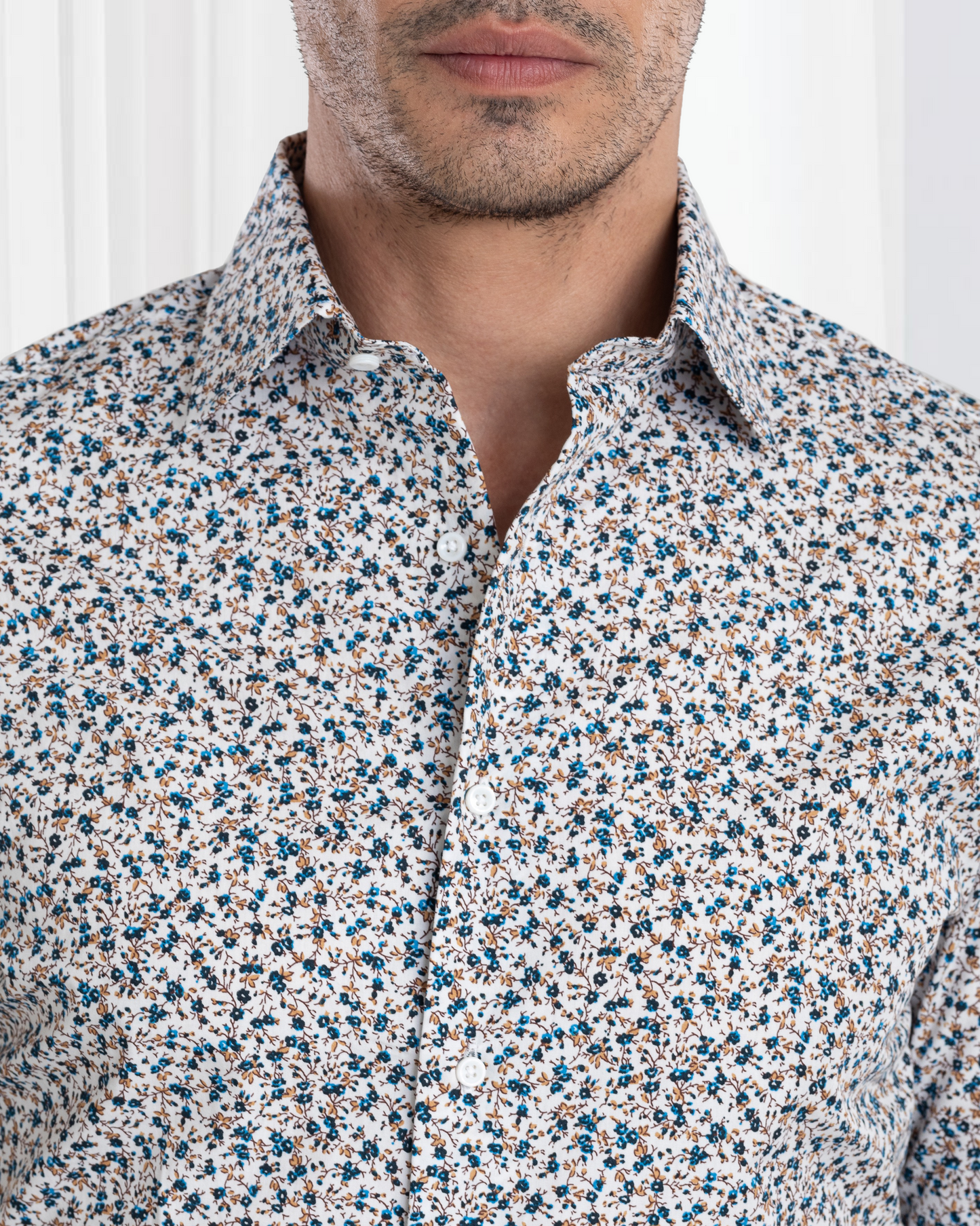 Blue Fine Floral Prints on White Shirt