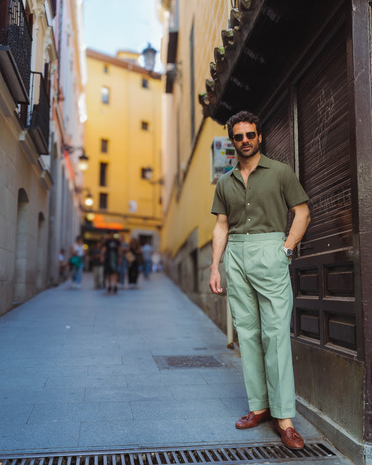 Pleated Pistachio Green Cotton Twill Pant