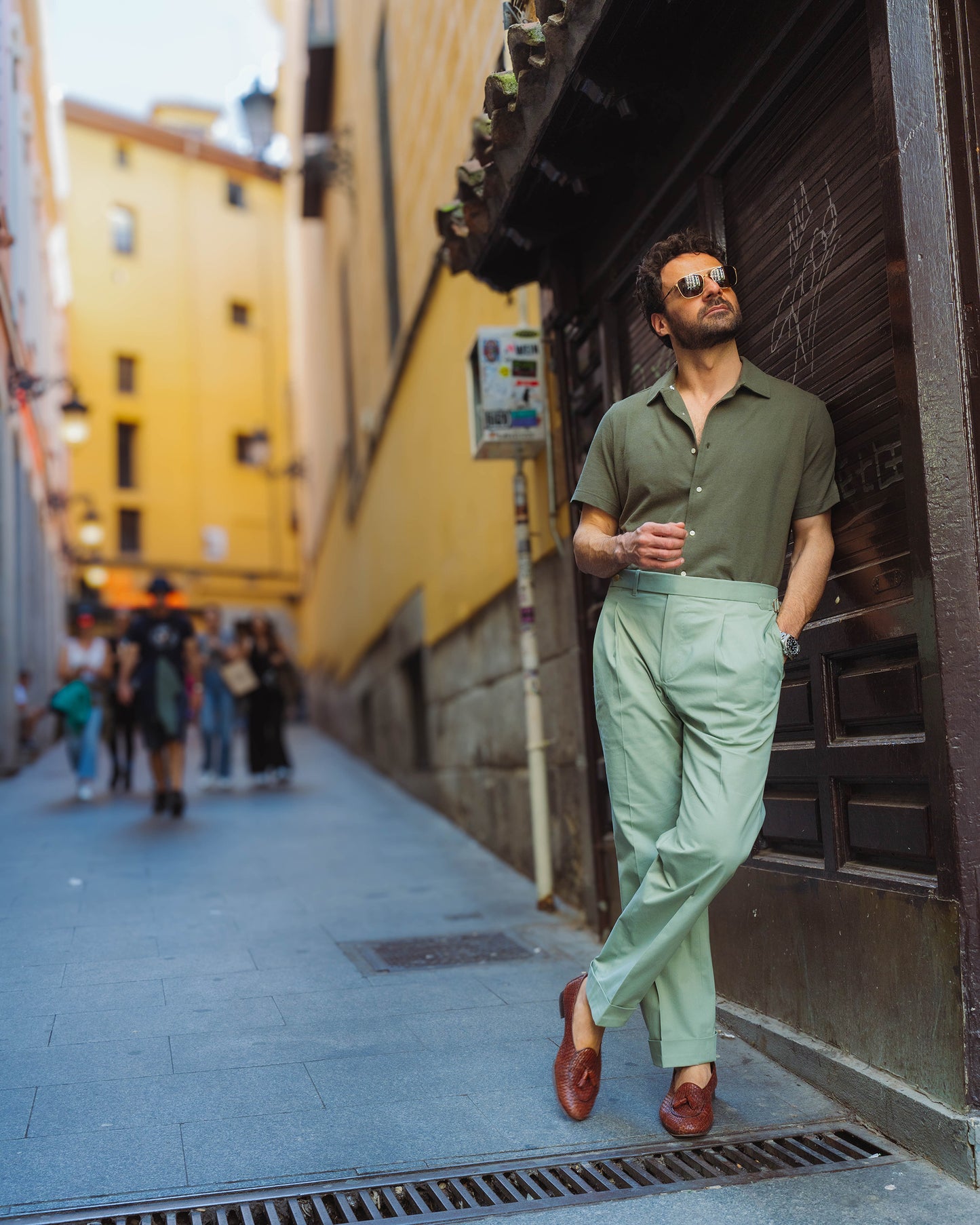 Pleated Pistachio Green Cotton Twill Pant