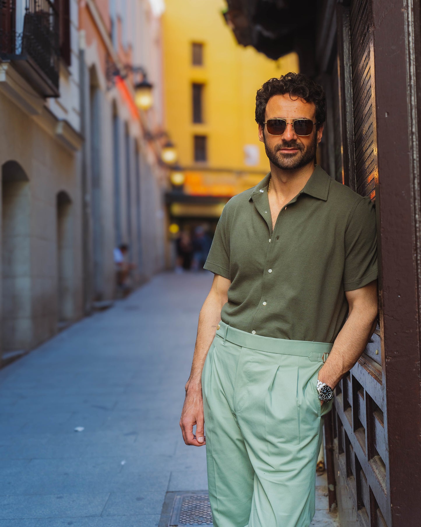 Pleated Pistachio Green Cotton Twill Pant