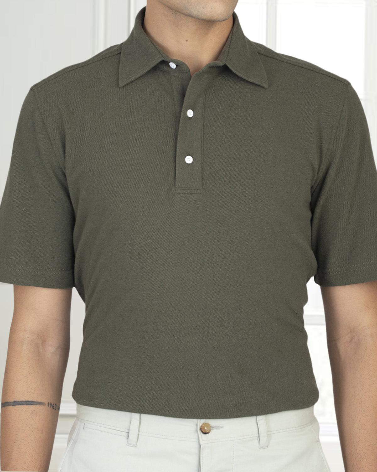 Olive Green Linen Cotton Polo T-Shirt - 1