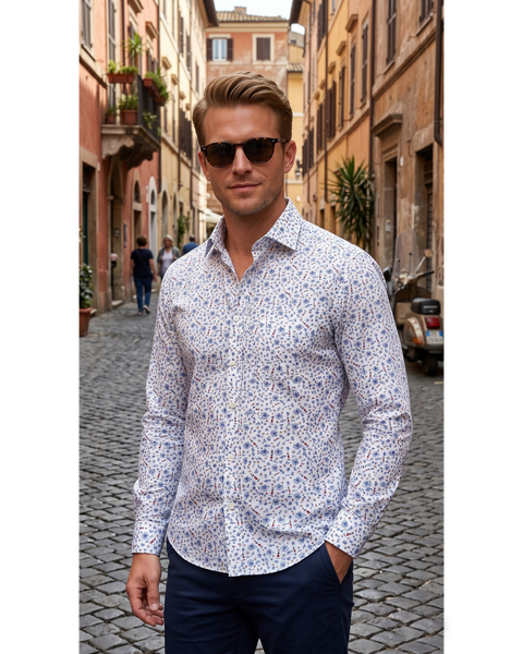 Getzner Navy & Red Print on White Shirt