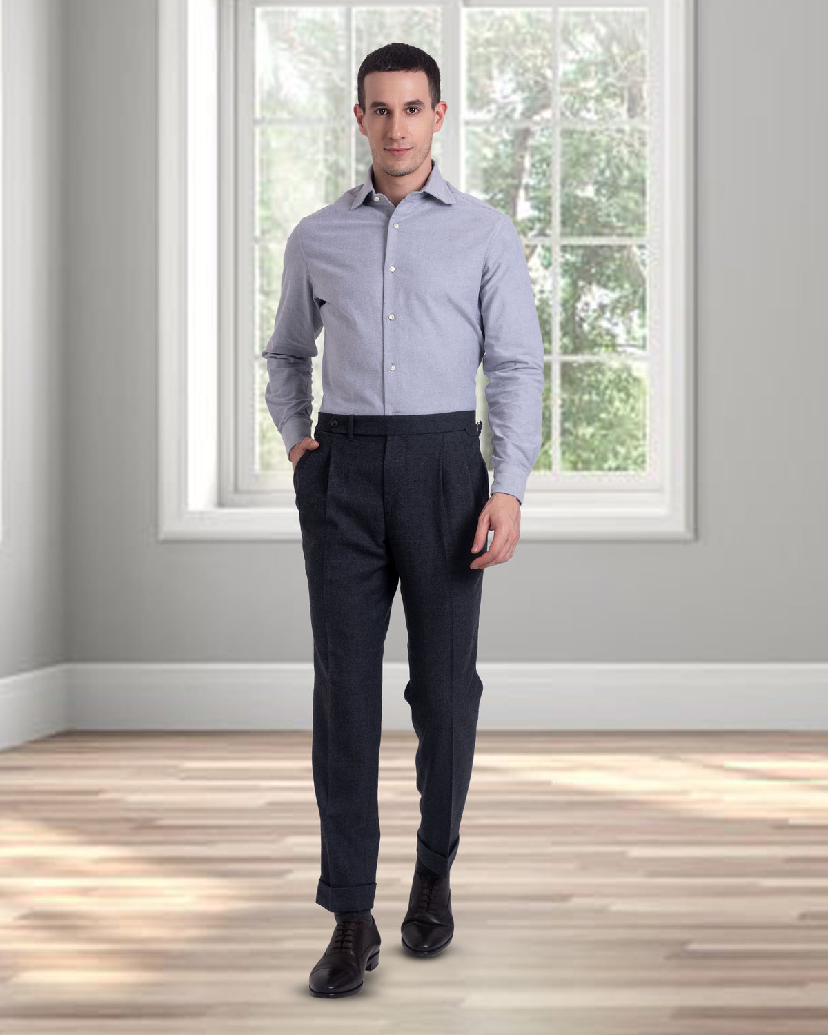 Pleated Dugdale Dark Grey Wool Flannel Dress Pant - 2