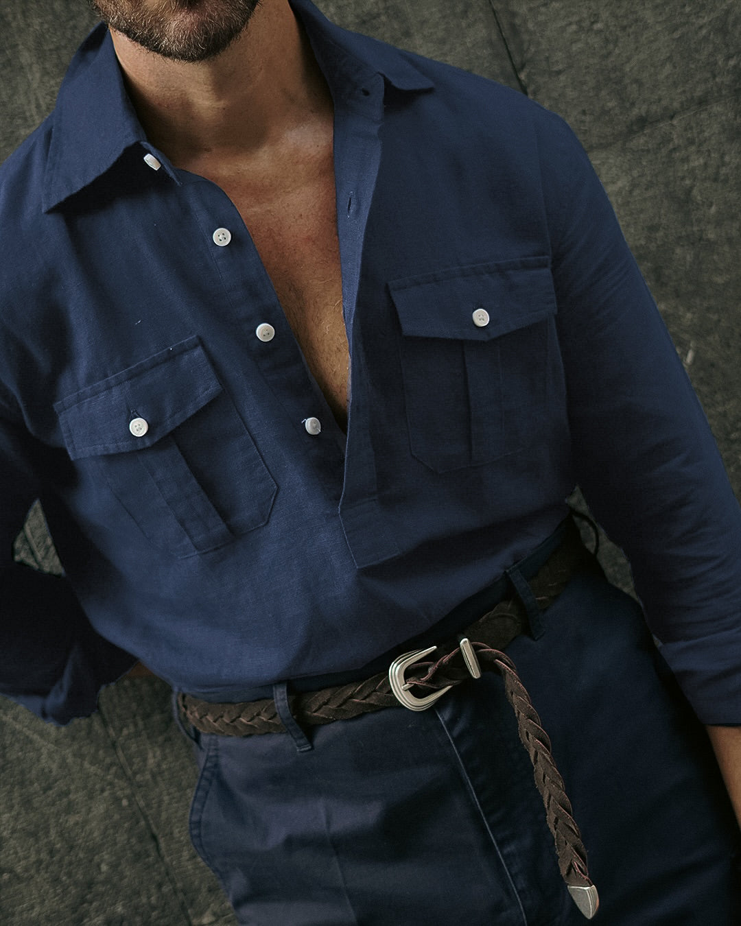 Navy Blue Linen Summer Shirt - 4