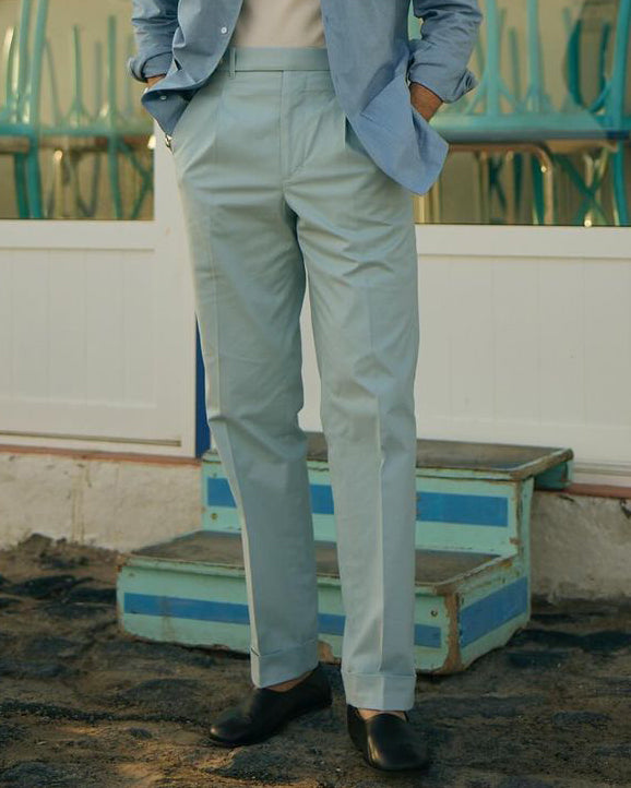 Pleated Powder Blue Twill High Rise Pant - 1