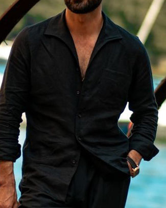 Summer Shirt in Black Linen Classic with one piece collar placket - 1