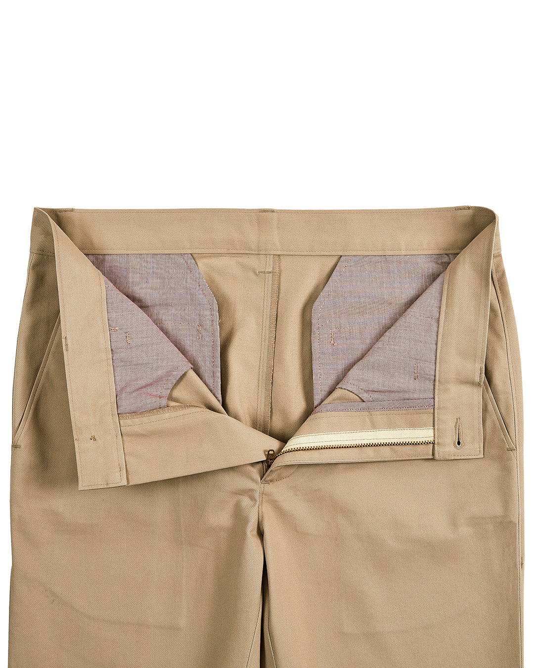 Open front view of custom Genoa Chino pants for men by Luxire in beige