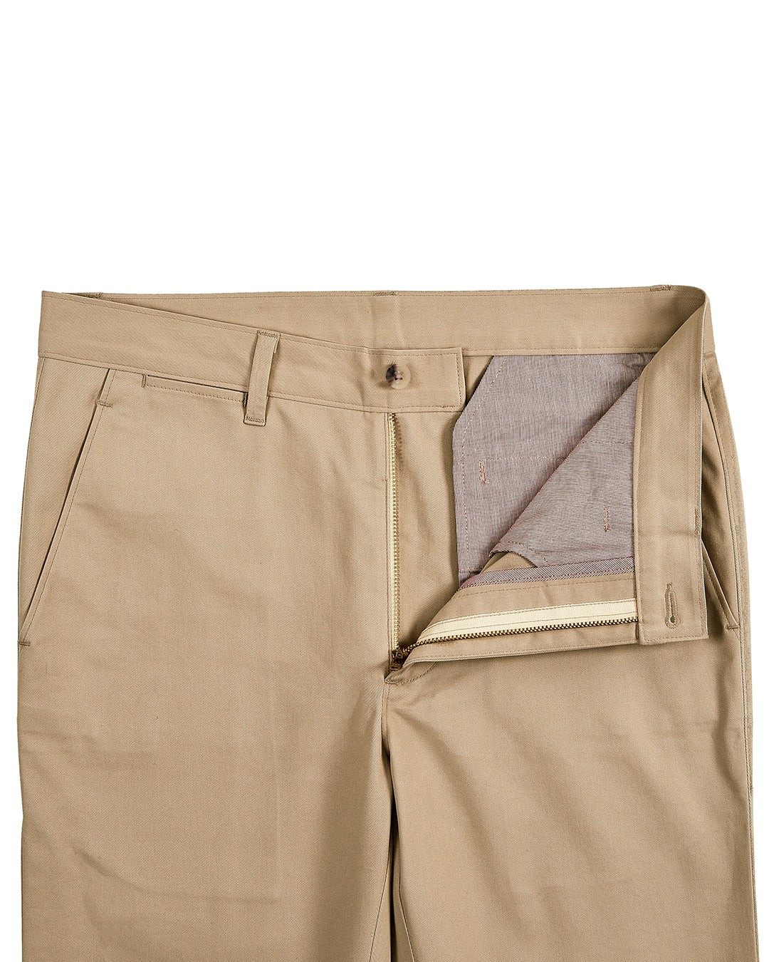 Front open view of custom Genoa Chino pants for men by Luxire in beige