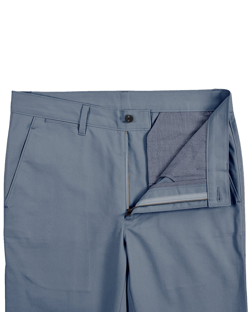 Front open view of custom Genoa Chino pants for men by Luxire in blueish grey