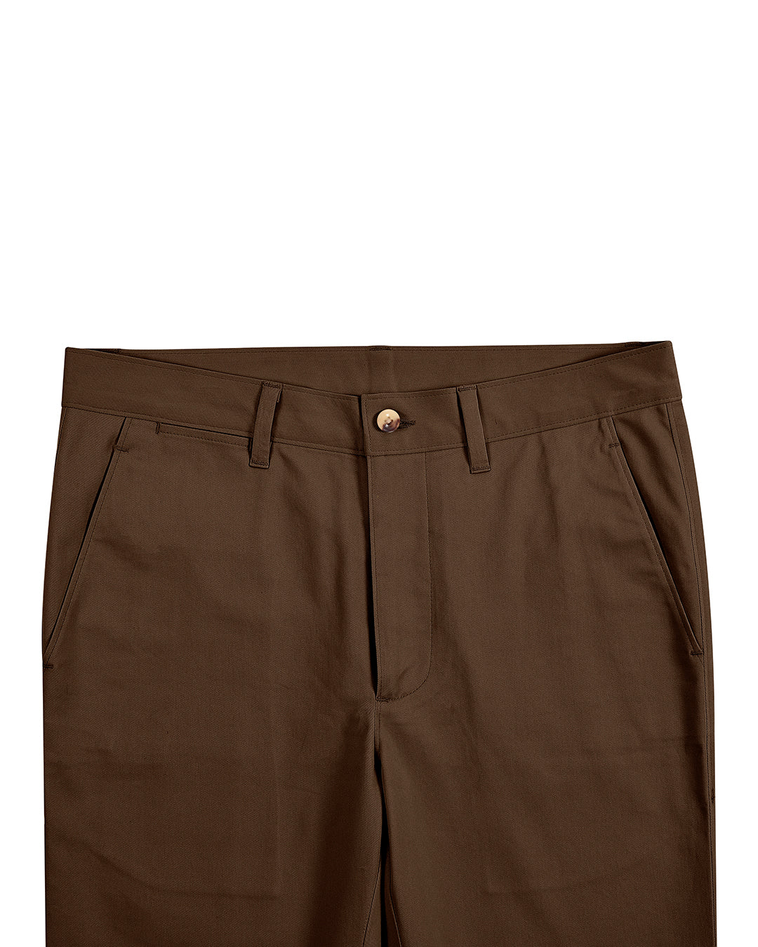 Front view of custom Genoa Chino pants for men by Luxire in coffee brown