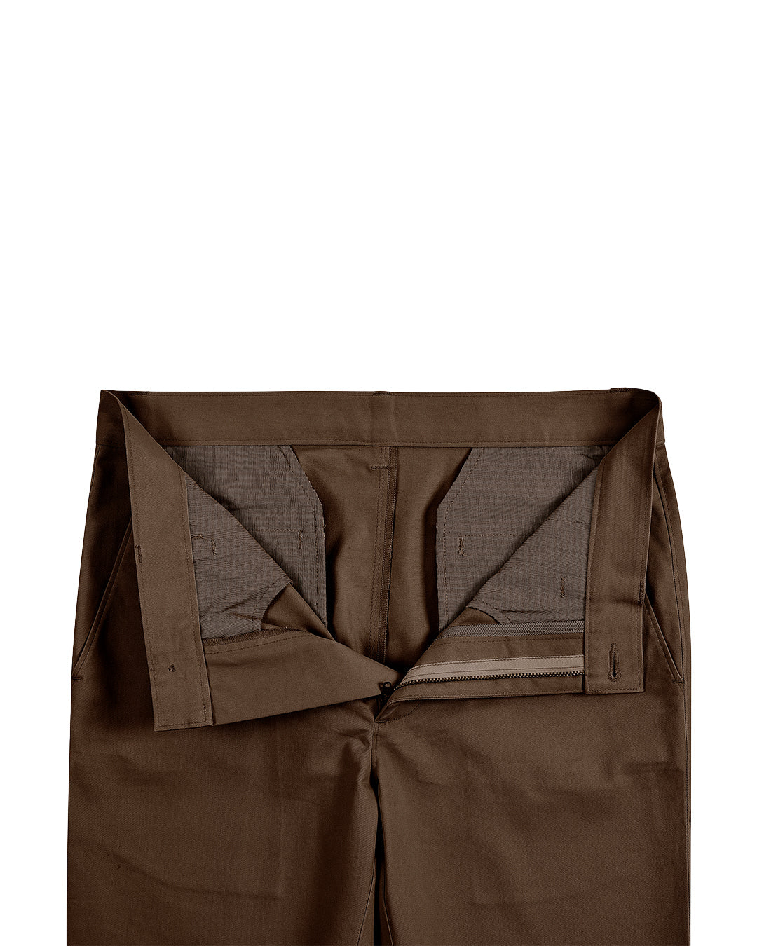 Front open view of custom Genoa Chino pants for men by Luxire in coffee brown