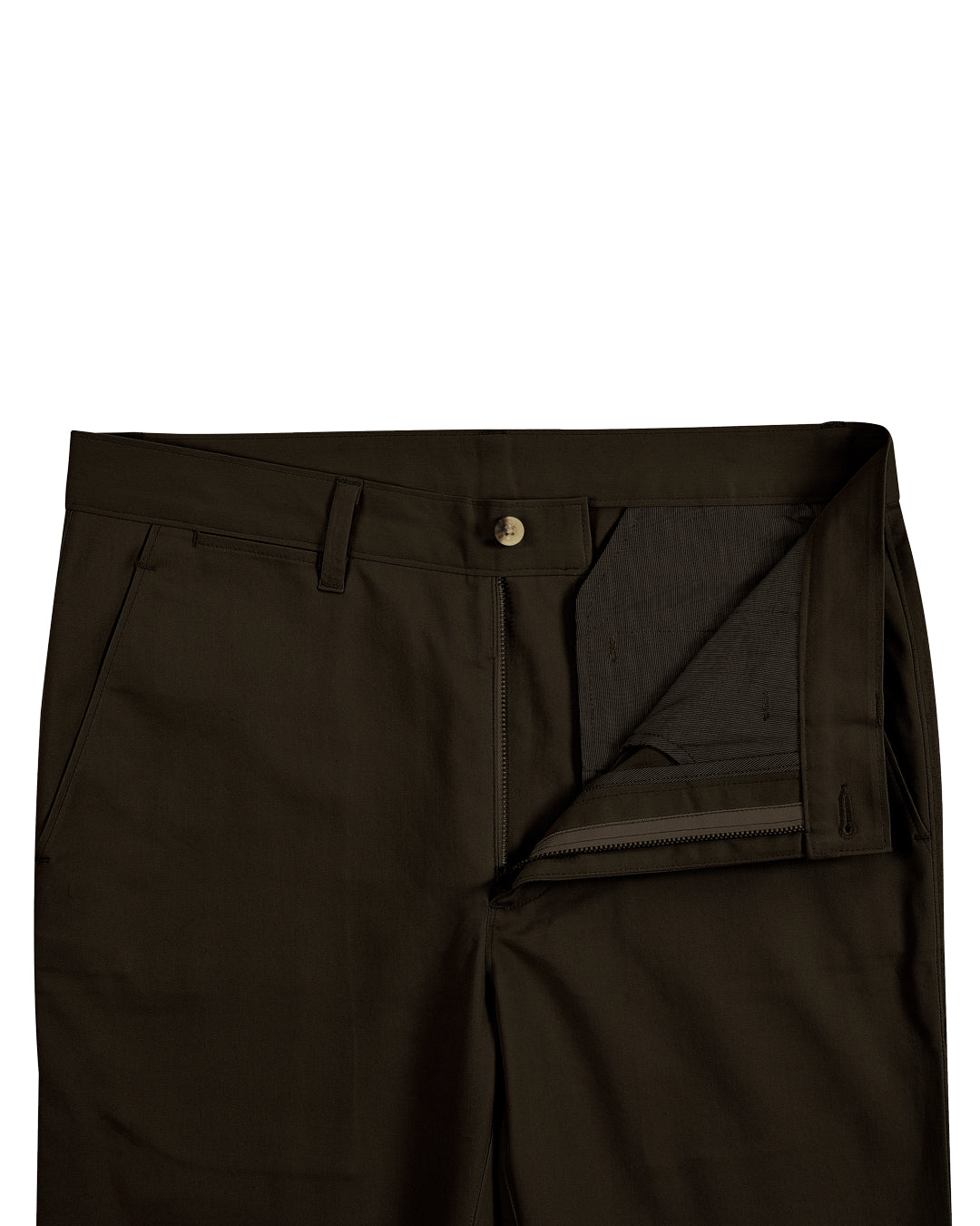 Open front view of custom Genoa Chino pants for men by Luxire in dark brown chocolate