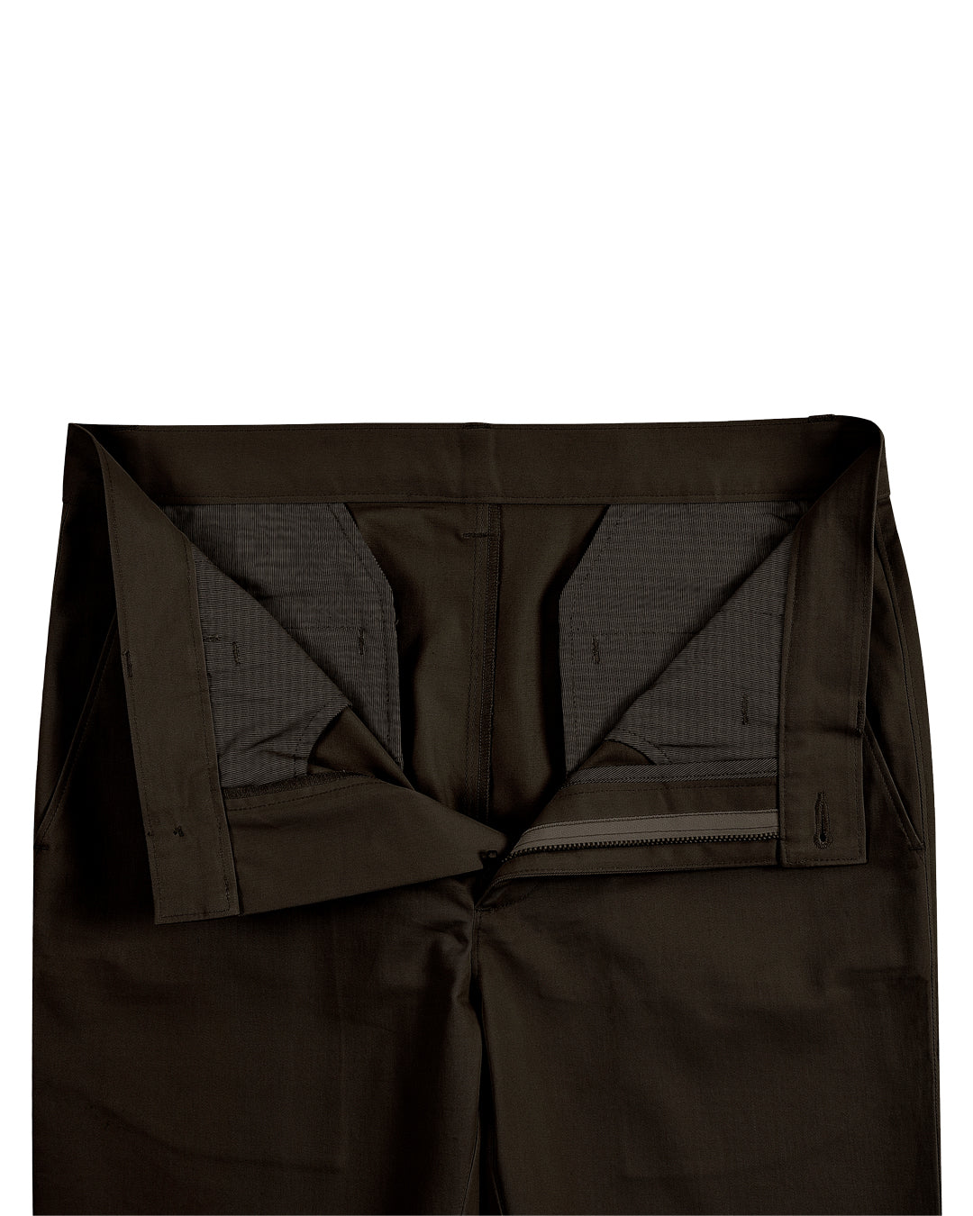 Front open view of custom Genoa Chino pants for men by Luxire in dark brown chocolate