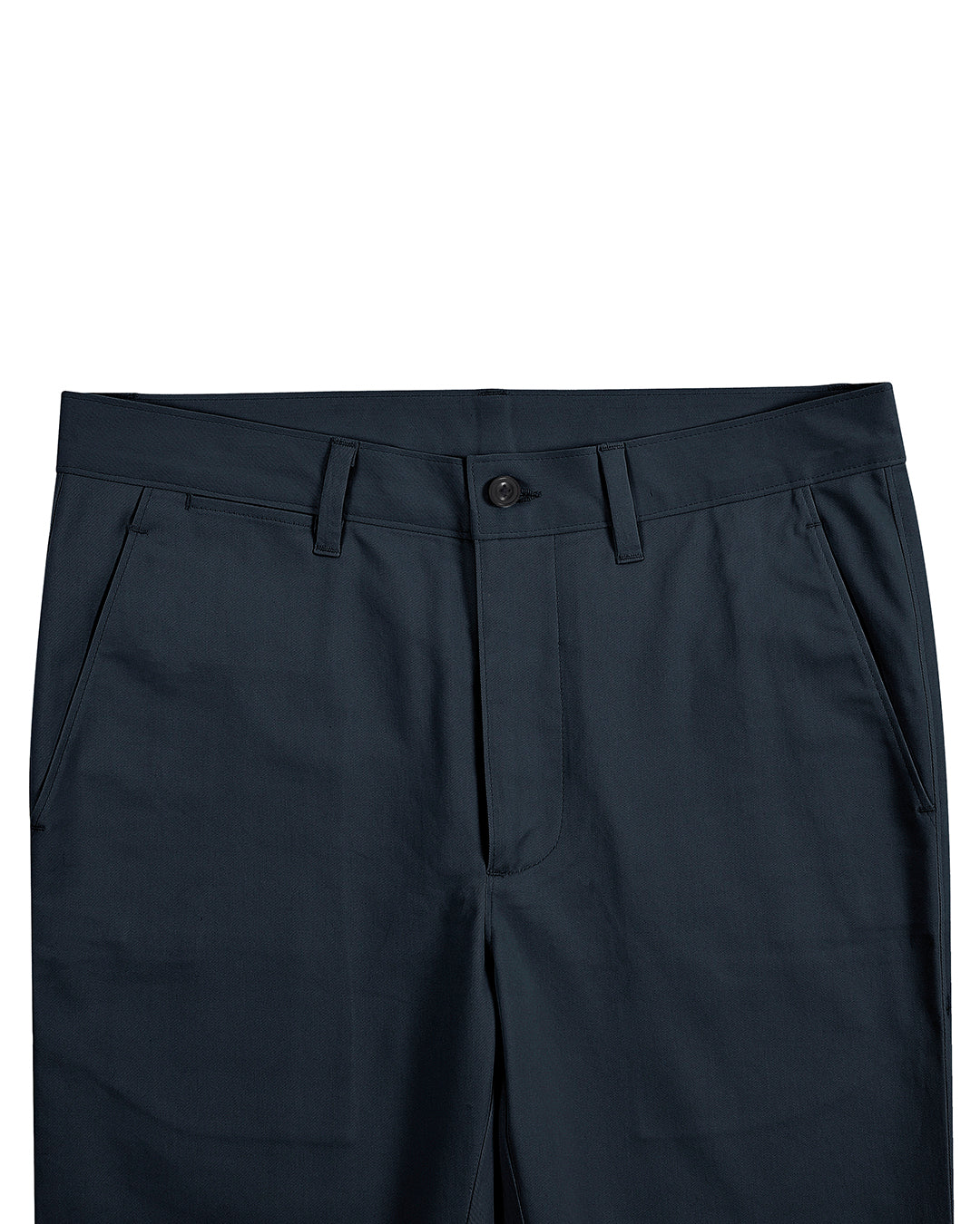 Front view of custom Genoa Chino pants for men by Luxire in dark teal blue