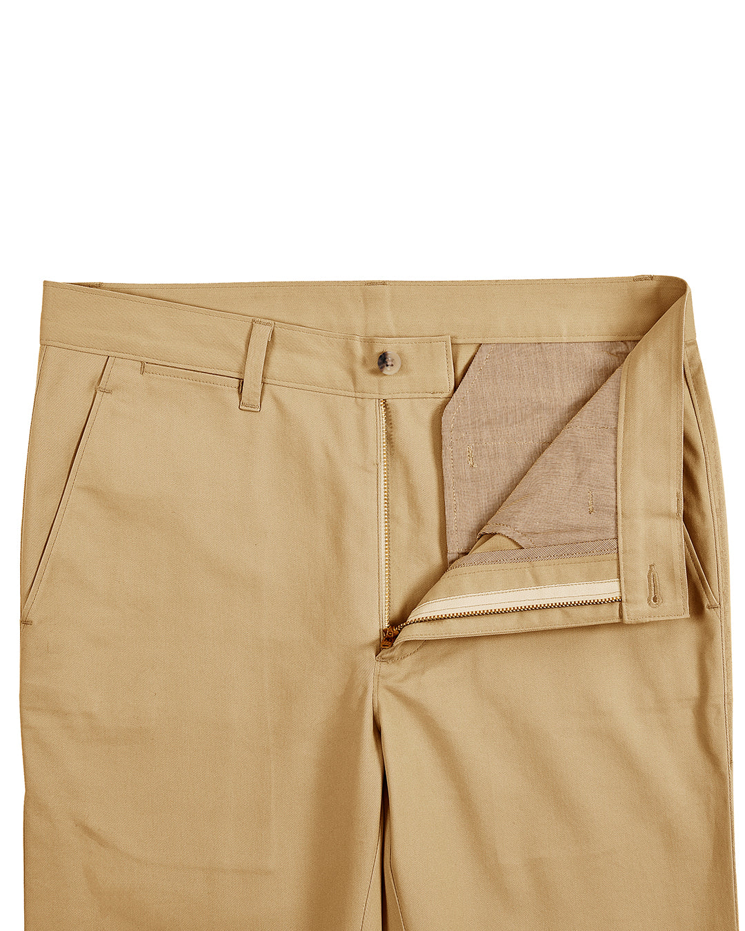 Open front view of custom Genoa Chino pants for men by Luxire in golden corn