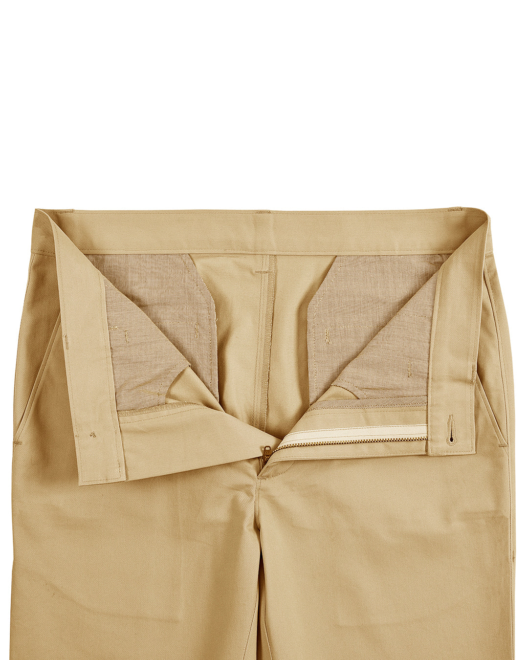 Front open view of custom Genoa Chino pants for men by Luxire in golden corn