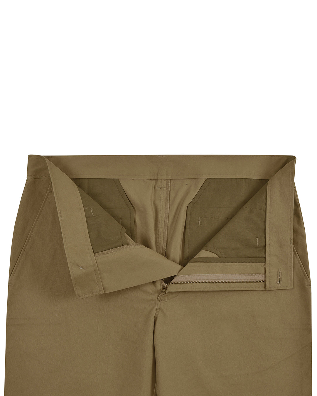 Front open view of custom Genoa Chino pants for men by Luxire in light copper