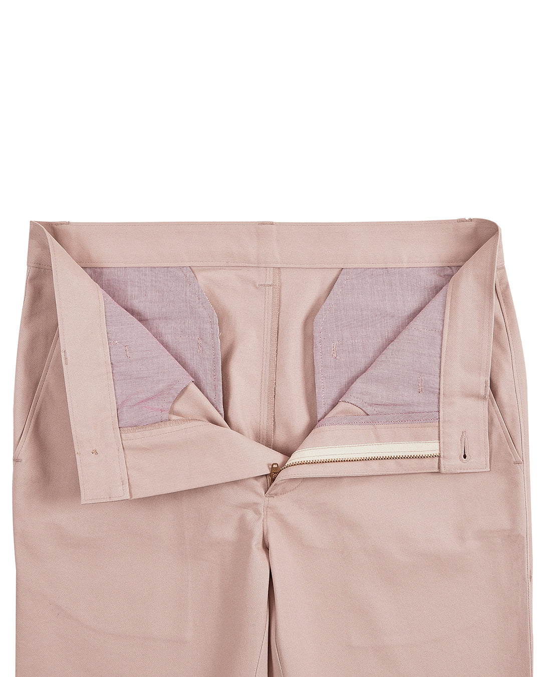 Open front view of custom Genoa Chino pants for men by Luxire in pale pink