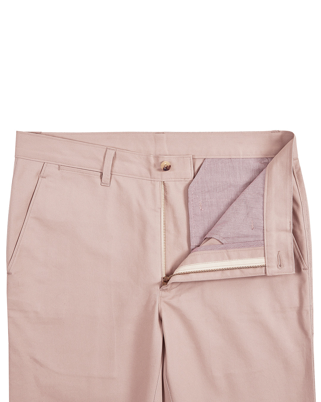 Front open view of custom Genoa Chino pants for men by Luxire in pale pink