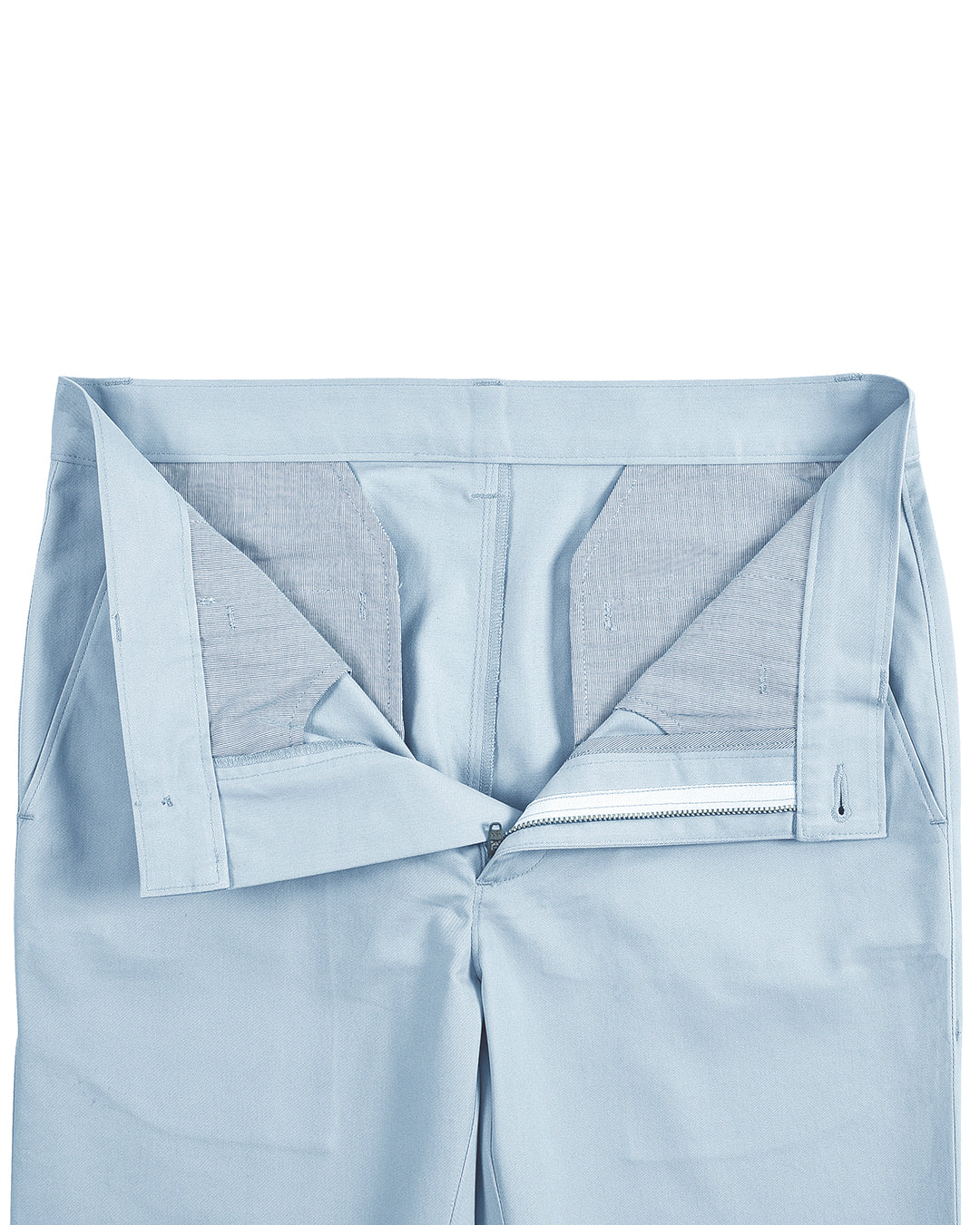 Open front view of custom Genoa Chino pants for men by Luxire in powder blue