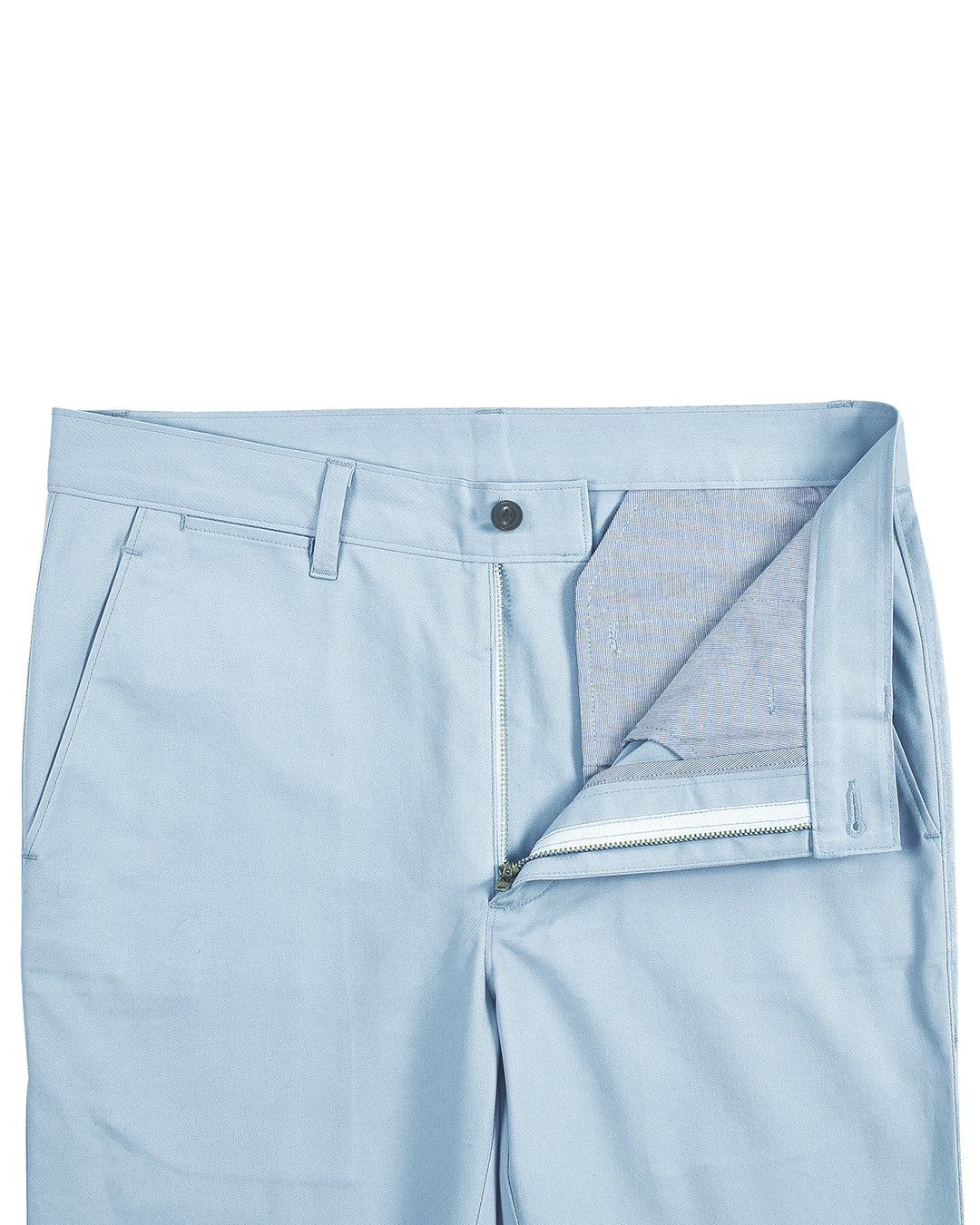 Front open view of custom Genoa Chino pants for men by Luxire in powder blue