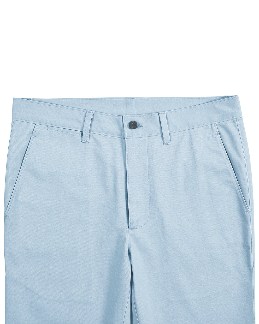 Front view of custom Genoa Chino pants for men by Luxire in powder blue