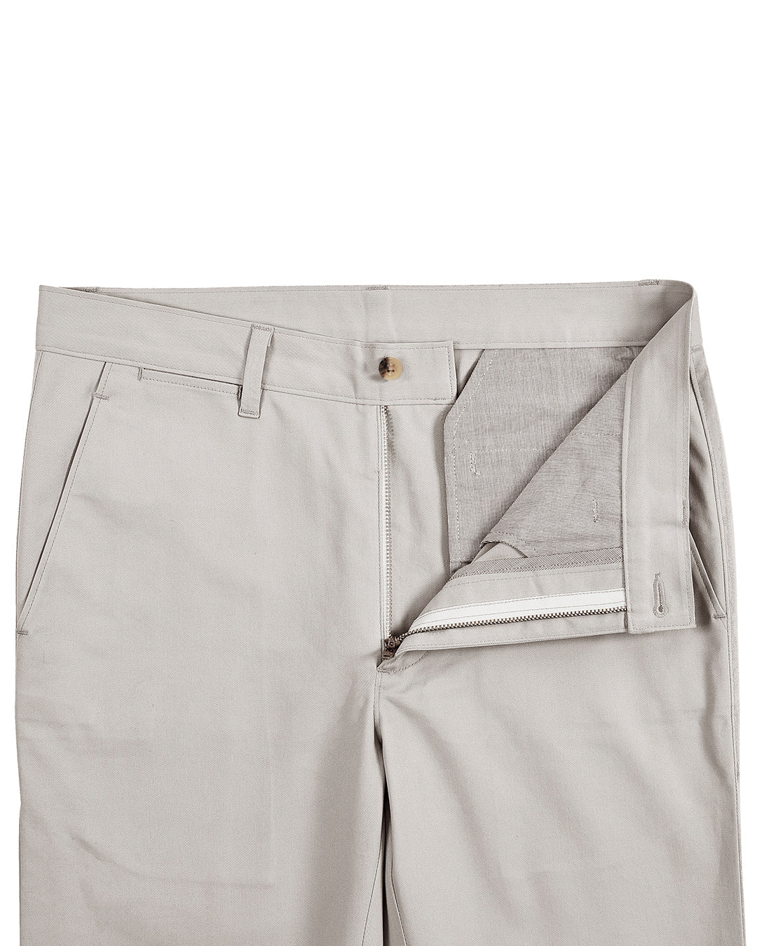 Open front view of custom Genoa Chino pants for men by Luxire in stone