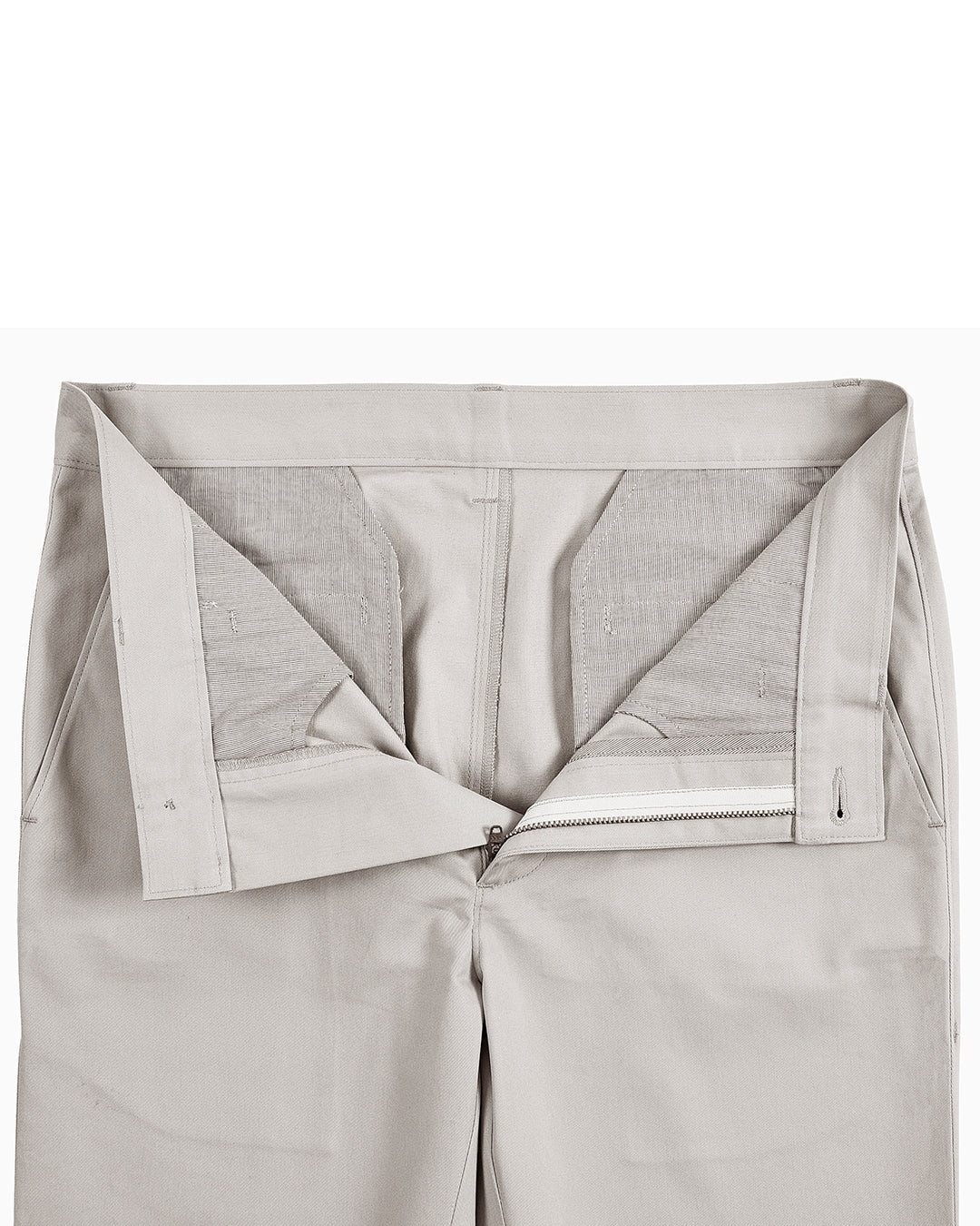 Front open view of custom Genoa Chino pants for men by Luxire in stone
