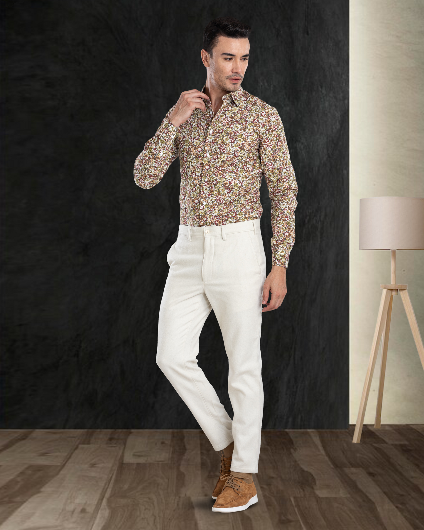 Front view of model  wearing custom wool Chino pants for men by Luxire in cream