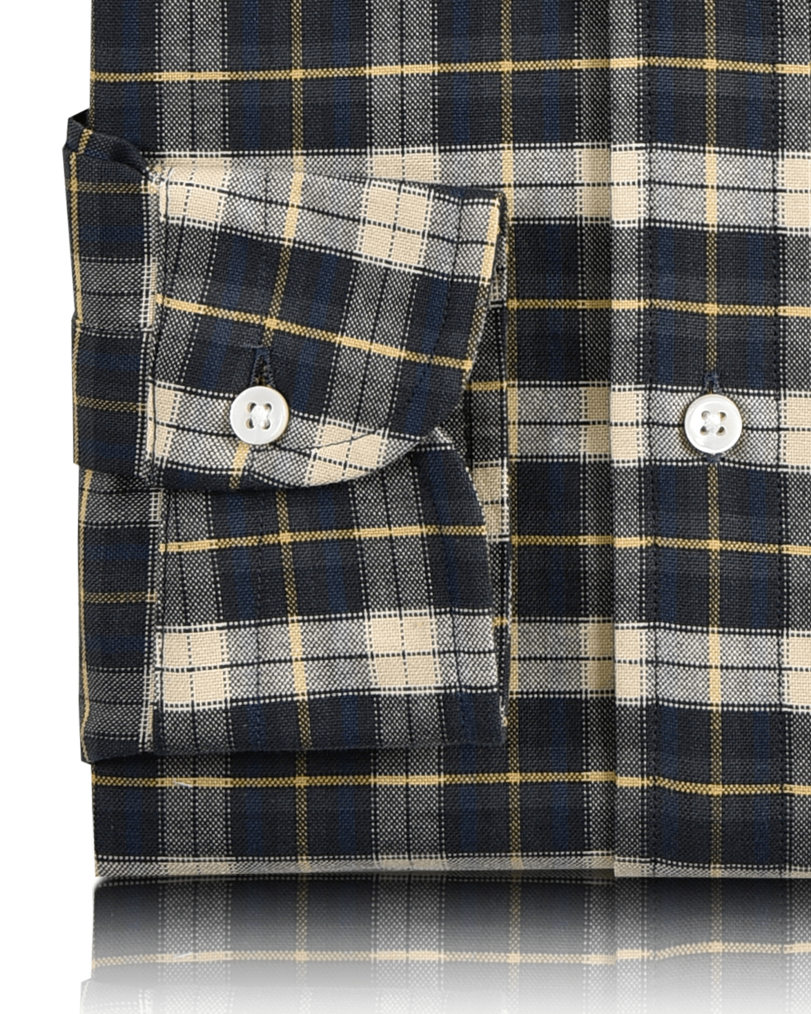 Close up view of custom check shirts for men by Luxire green navy and cream