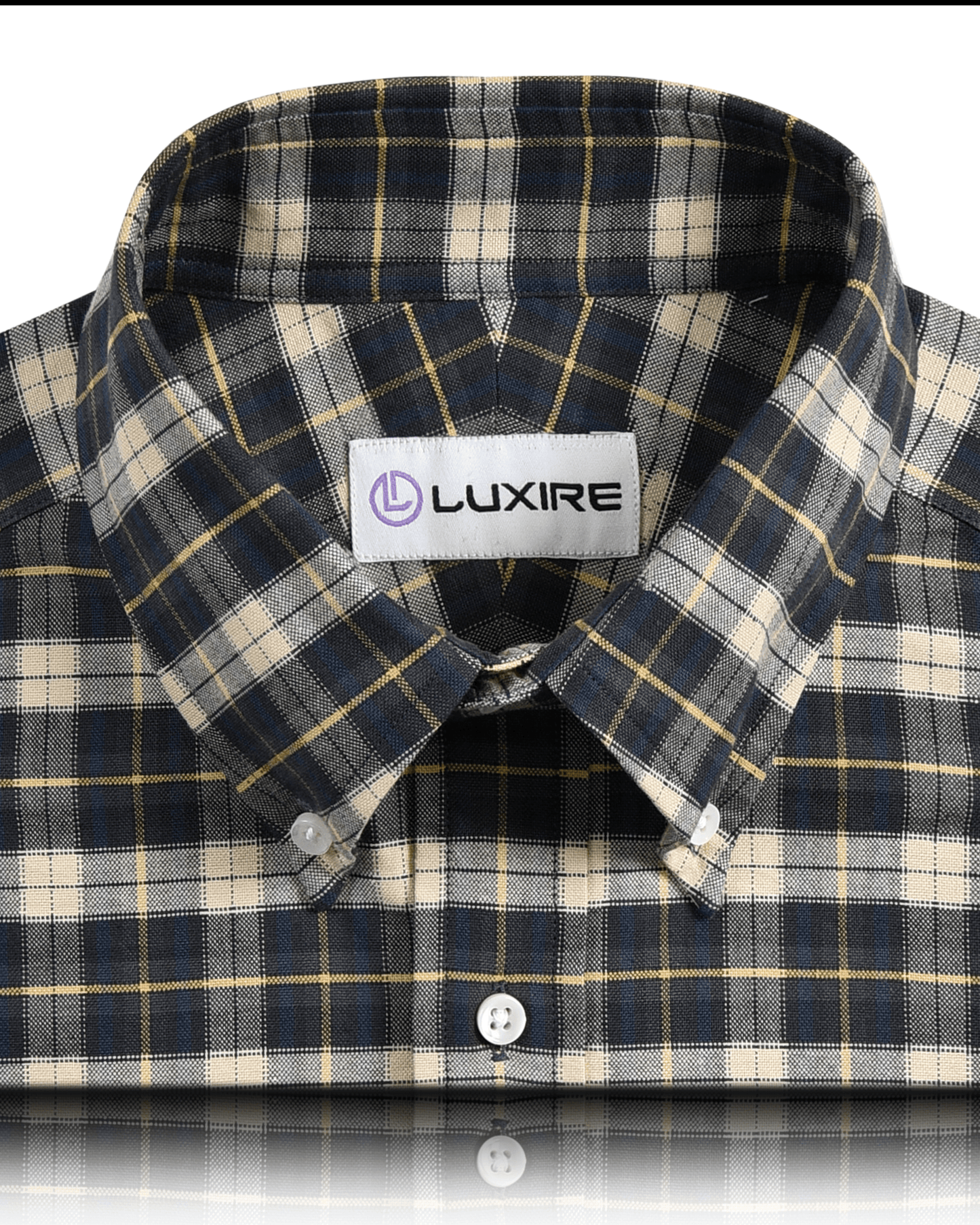 Front close view of custom check shirts for men by Luxire green navy and cream