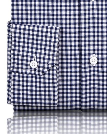 Close up view of custom check shirts for men by Luxire navy small gingham