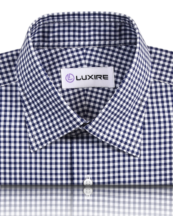 Front close view of custom check shirts for men by Luxire navy small gingham
